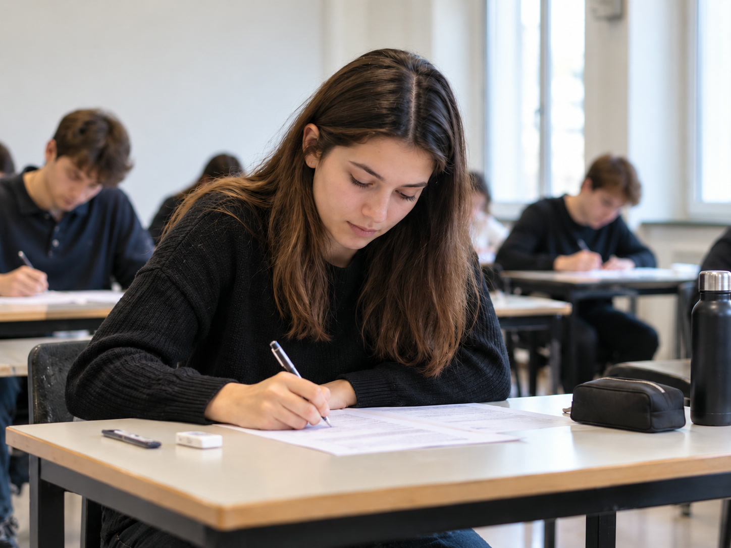 Alunos a realizar um exame presencial numa sala.